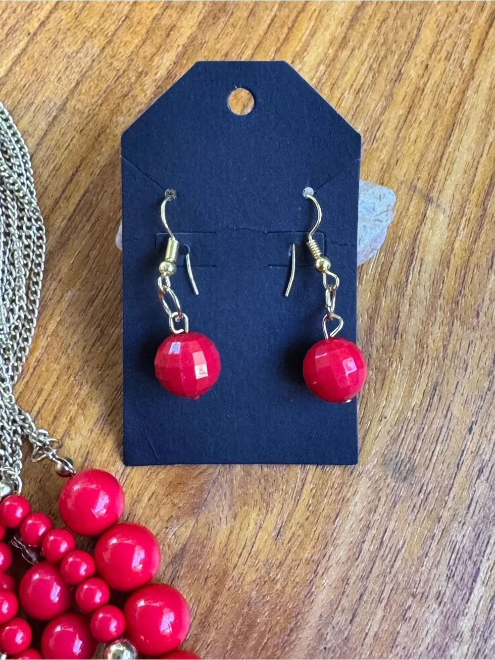 Red Multi-Strand Beaded Necklace and Earrings Set - Gold Accents
